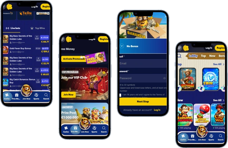 Bananzia Casino mobiele app overzicht met lobby slots registratie login en VIP programma schermen