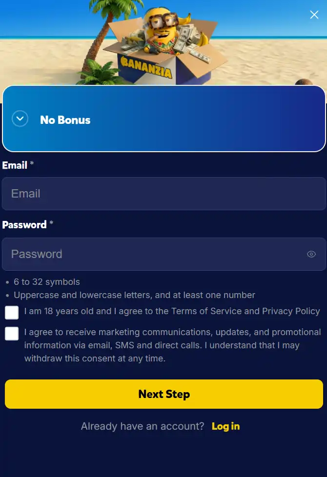 Bananzia Casino registratie scherm met no bonus optie, e-mail en wachtwoord invoer en leeftijdsbevestiging 18+
