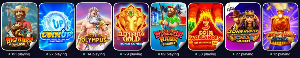 Bananzia Casino overzicht van populaire slotspellen met Big Bass, Gates of Olympus en Coin Up games