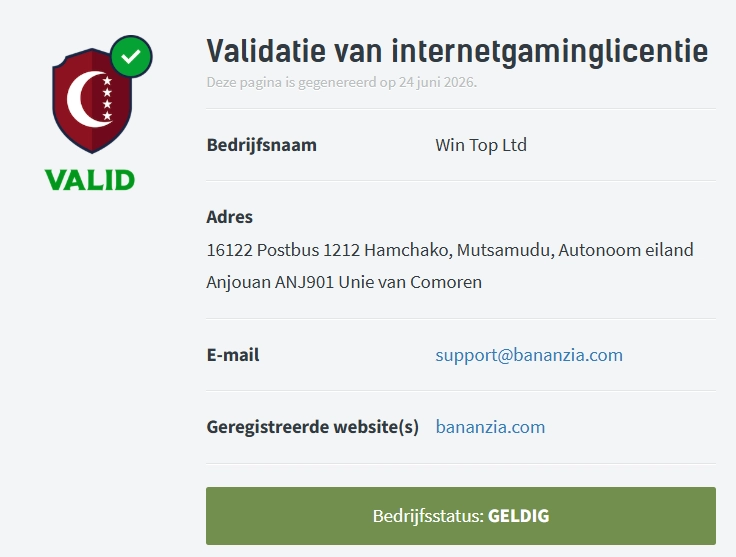 Bananzia Casino validatie van internetgaminglicentie met Win Top Ltd en geldige Anjouan licentie status