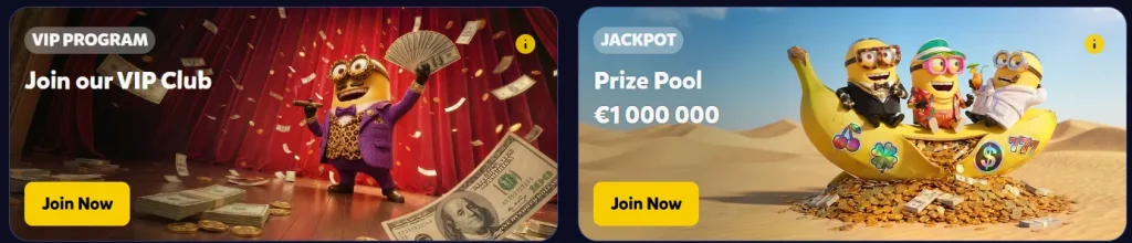 Bananzia Casino VIP programma en jackpot banner met €1.000.000 prize pool en Join Now promotie